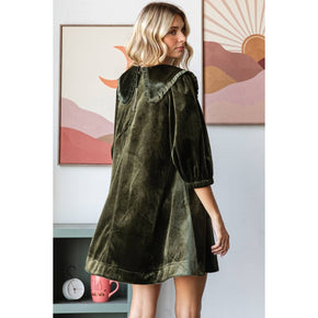 Olive Velvet Puff Sleeve Peter Pan Collar Short Dress