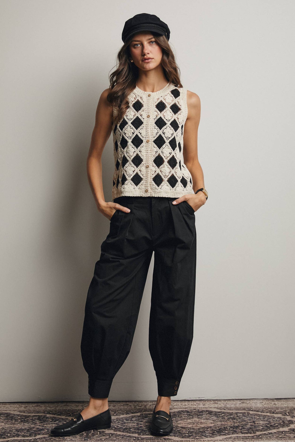 Black Crochet Diamond Pattern Vest