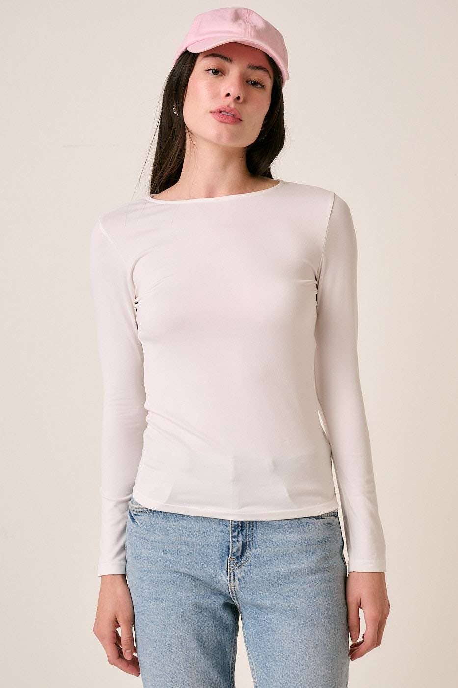 Off White Round Neck Long Sleeve Knit Top