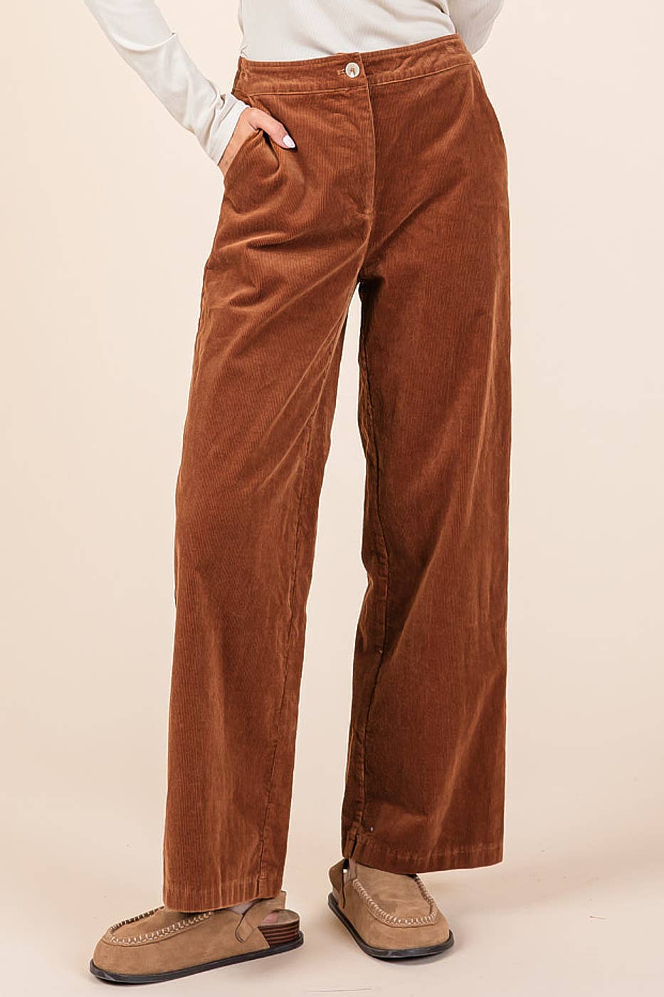 Olive Corduroy Semi WIde Leg Elastic Waist Pants