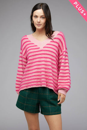 Plus Magenta Fuzzy Stripe V-Neck Knit Top