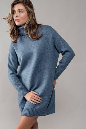 Teal Thick Turtleneck Loose Fit Knit Sweater Dress