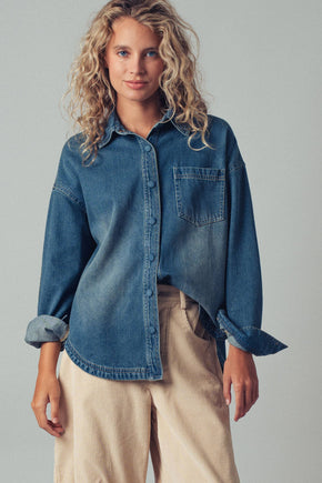 Elbow Patch Denim Button-Up Shirt