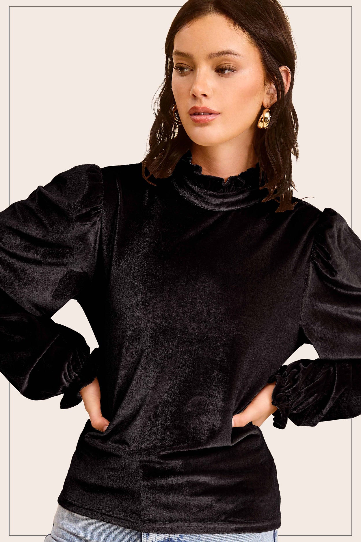 Emerald Soft Velvet Long Puff Sleeve Blouse Holiday Top