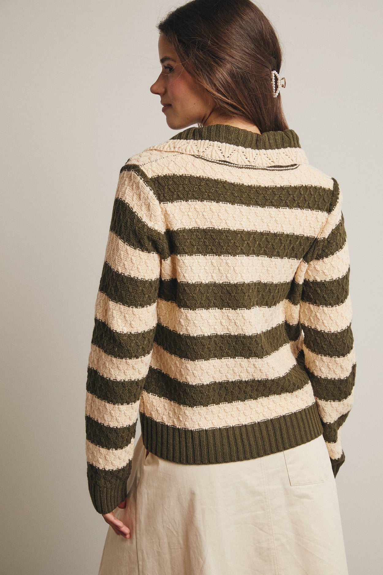 Dark Olive Striped Knit Peter Pan Collar Cardigan