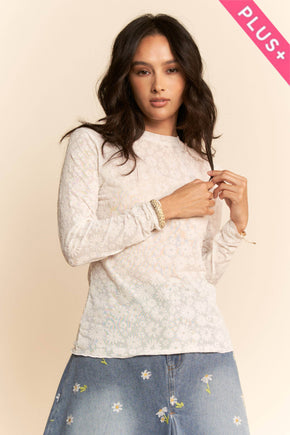 Plus Lavender Long Sleeve Floral Mesh Top