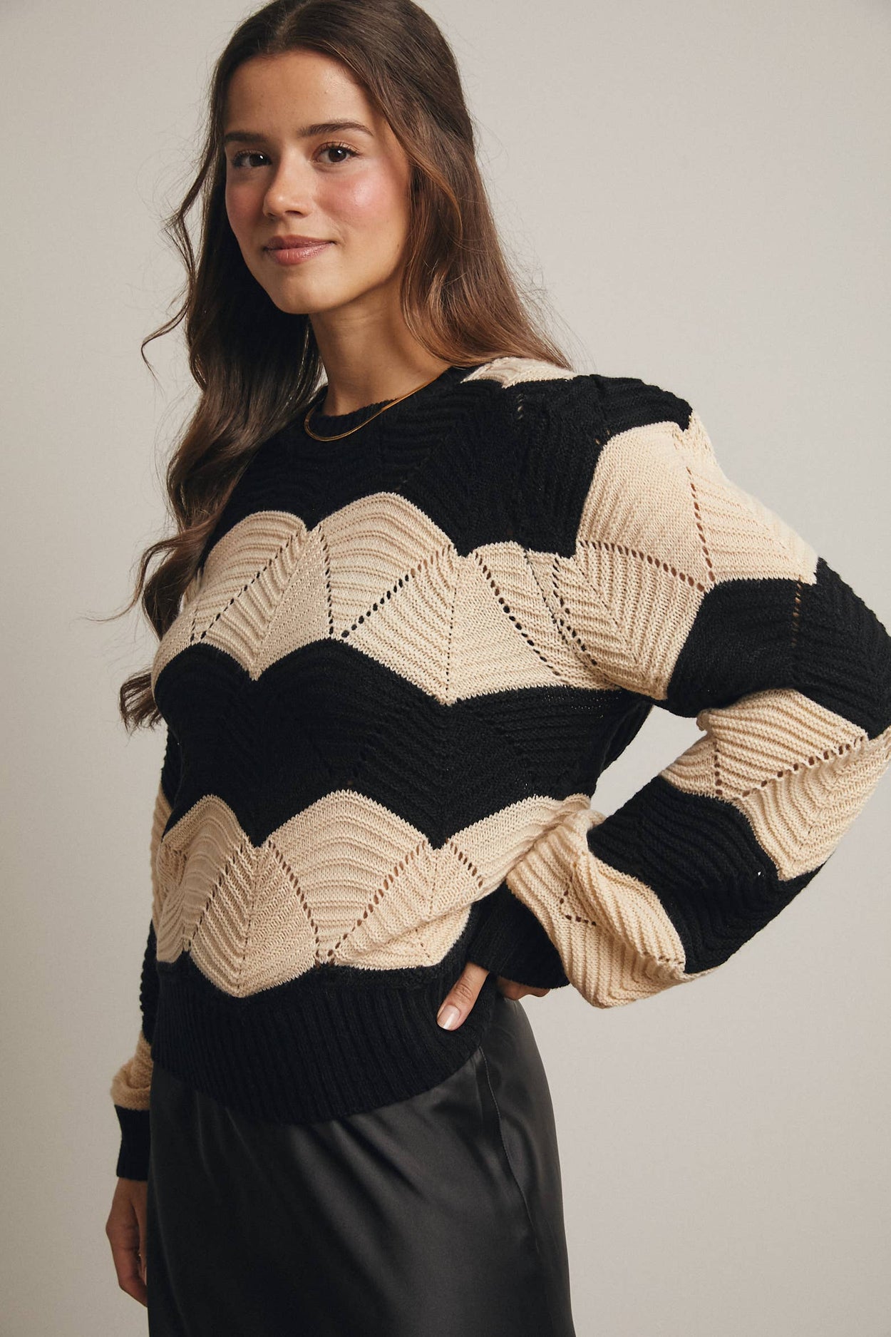 Black Wave Knit Chevron Pullover