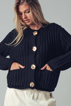Black Chunky Gold Button Ribbed Knit Cardigan