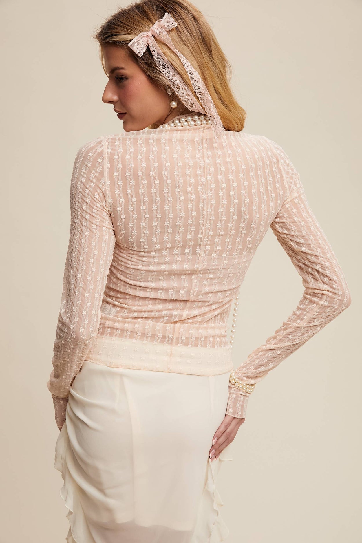 Semi Sheer Textured Lace Long-Sleeve Layering Top