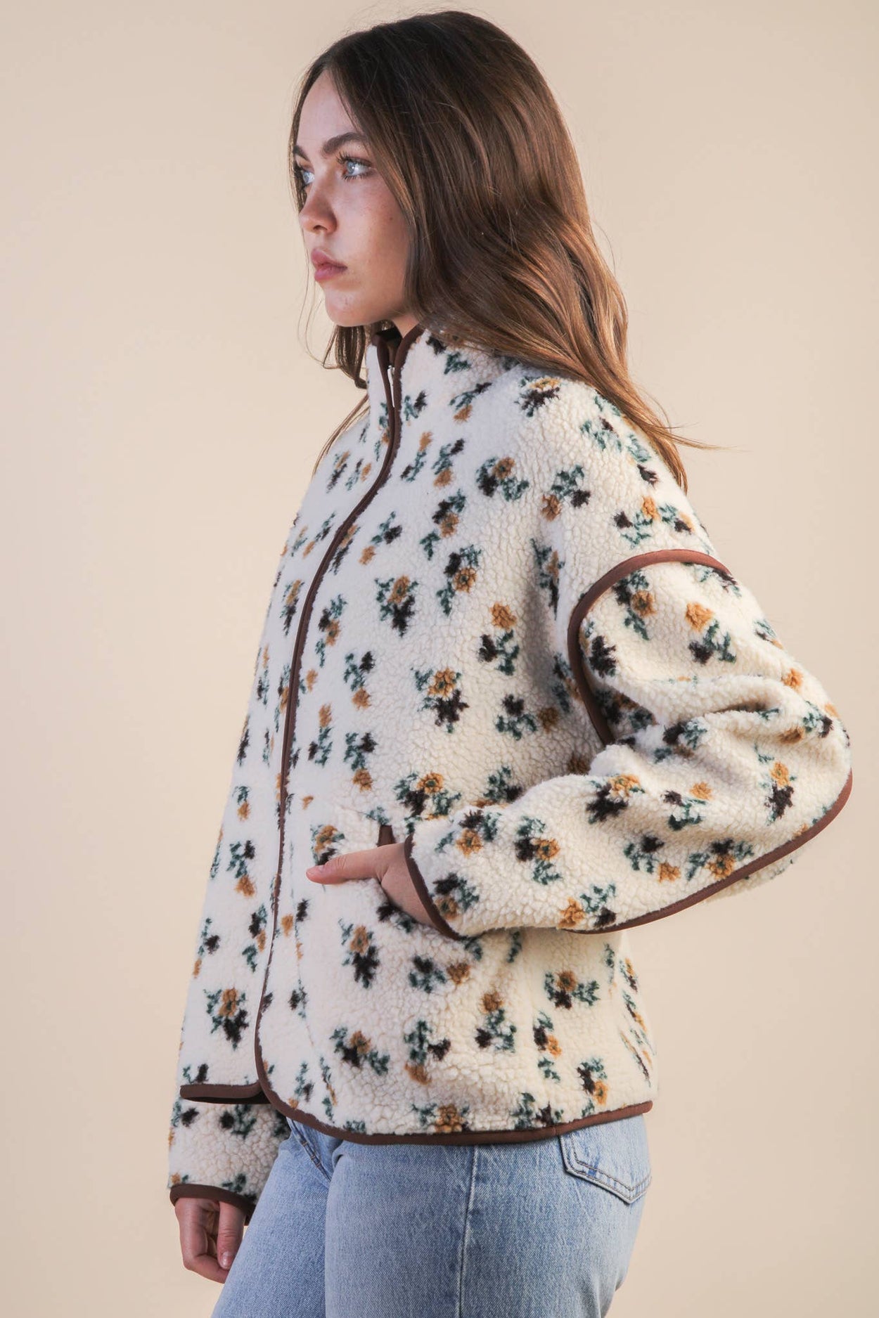 Cream Flower Floral Printed Casual Fleece Jacket