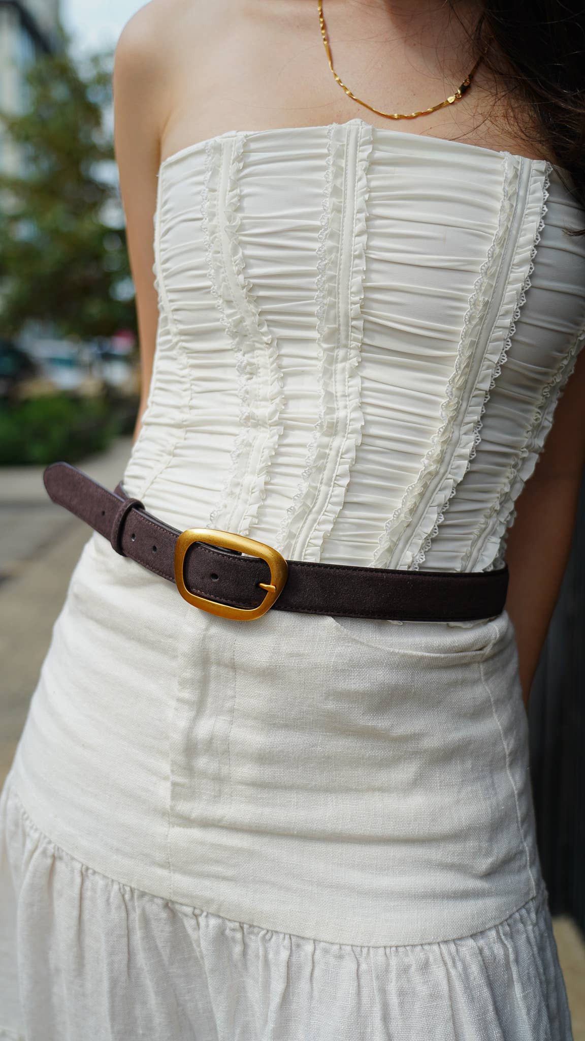 Caramel Suede Belt With Organic Shape Buckle