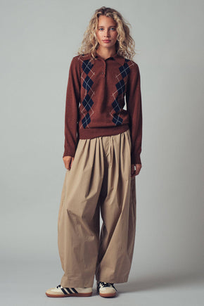 Brown Classic Argyle Knit Polo Sweater