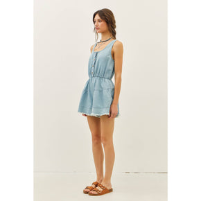 Denim Romper With Distressed Detailing