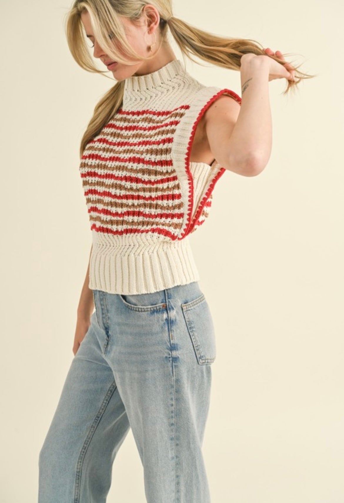 Red Contrast Stitch Sweater Vest