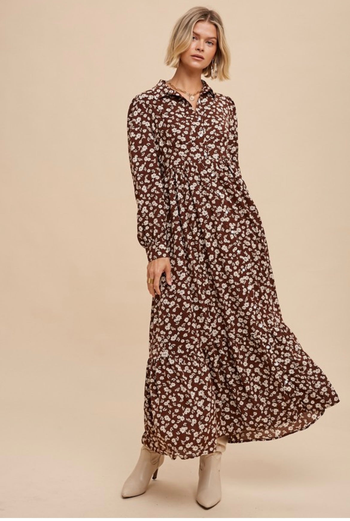 Mocha Floral Button Down Maxi Dress