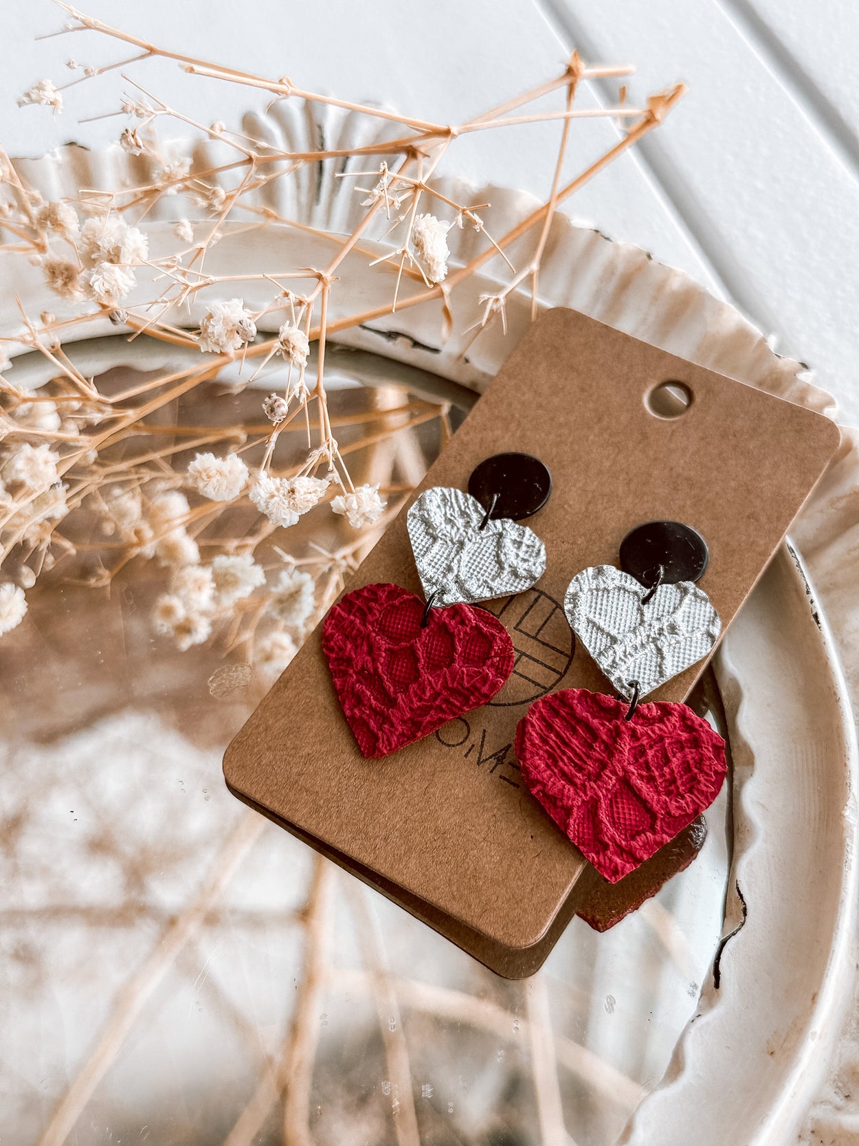 Handmade Red & White Heart Stack Earrings