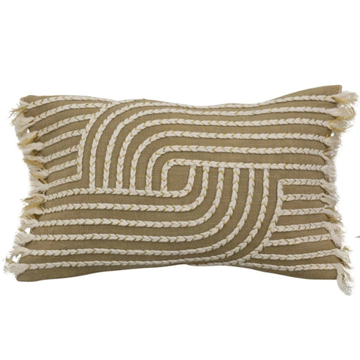 Cotton Slub Lumbar Pillow With Embroidery & Fringe