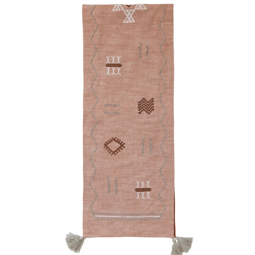 Cotton Table Runner With Embroidered Moroccan Design & Tassels