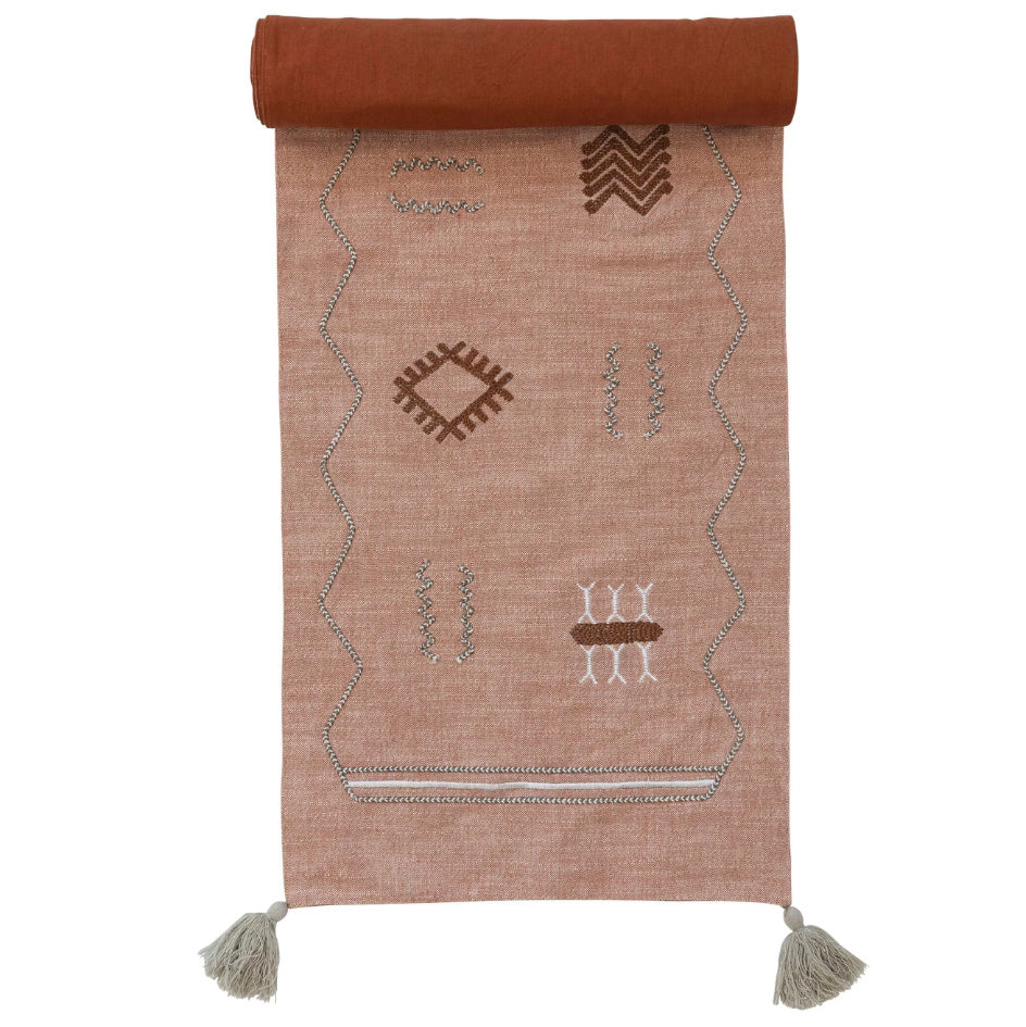 Cotton Table Runner With Embroidered Moroccan Design & Tassels