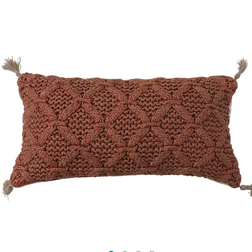 Rust Cotton Slub Pillow With Diamond Weave & Tassels