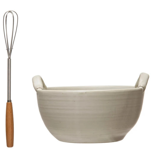 Stoneware Bowl With Wood & Metal Whisk