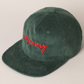 "Merry" Embroidered Green Corduroy Cap