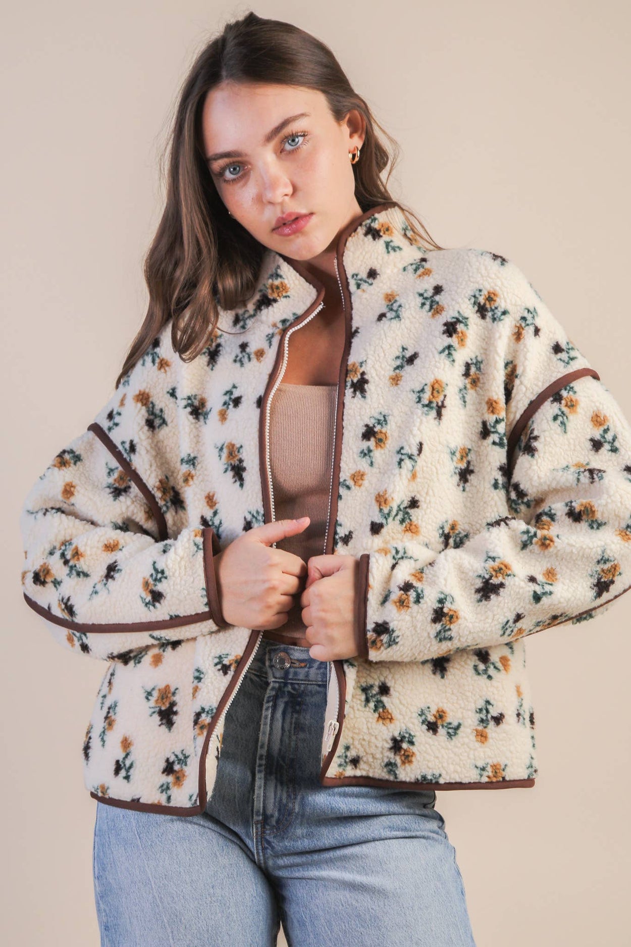 Cream Flower Floral Printed Casual Fleece Jacket