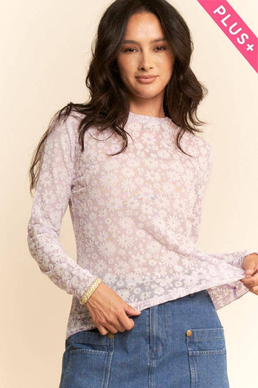 Plus Lavender Long Sleeve Floral Mesh Top