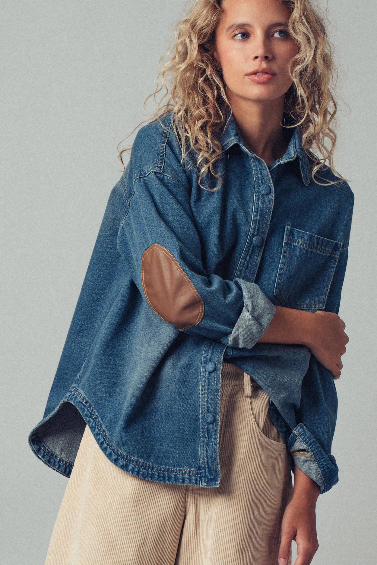 Elbow Patch Denim Button-Up Shirt