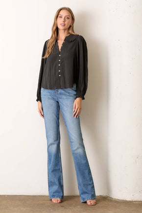 Black Long Sleeve Button Up With Round Collar