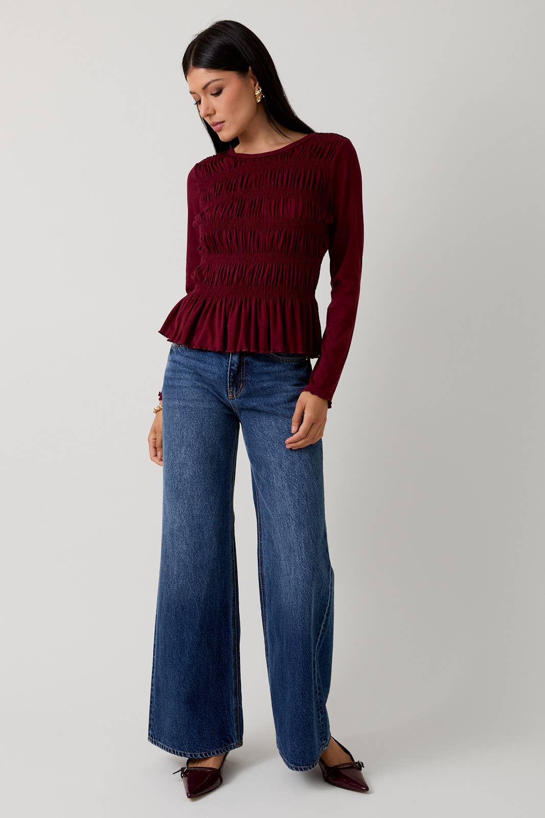 Burgundy Round Neck Long Sleeve Smocked Top