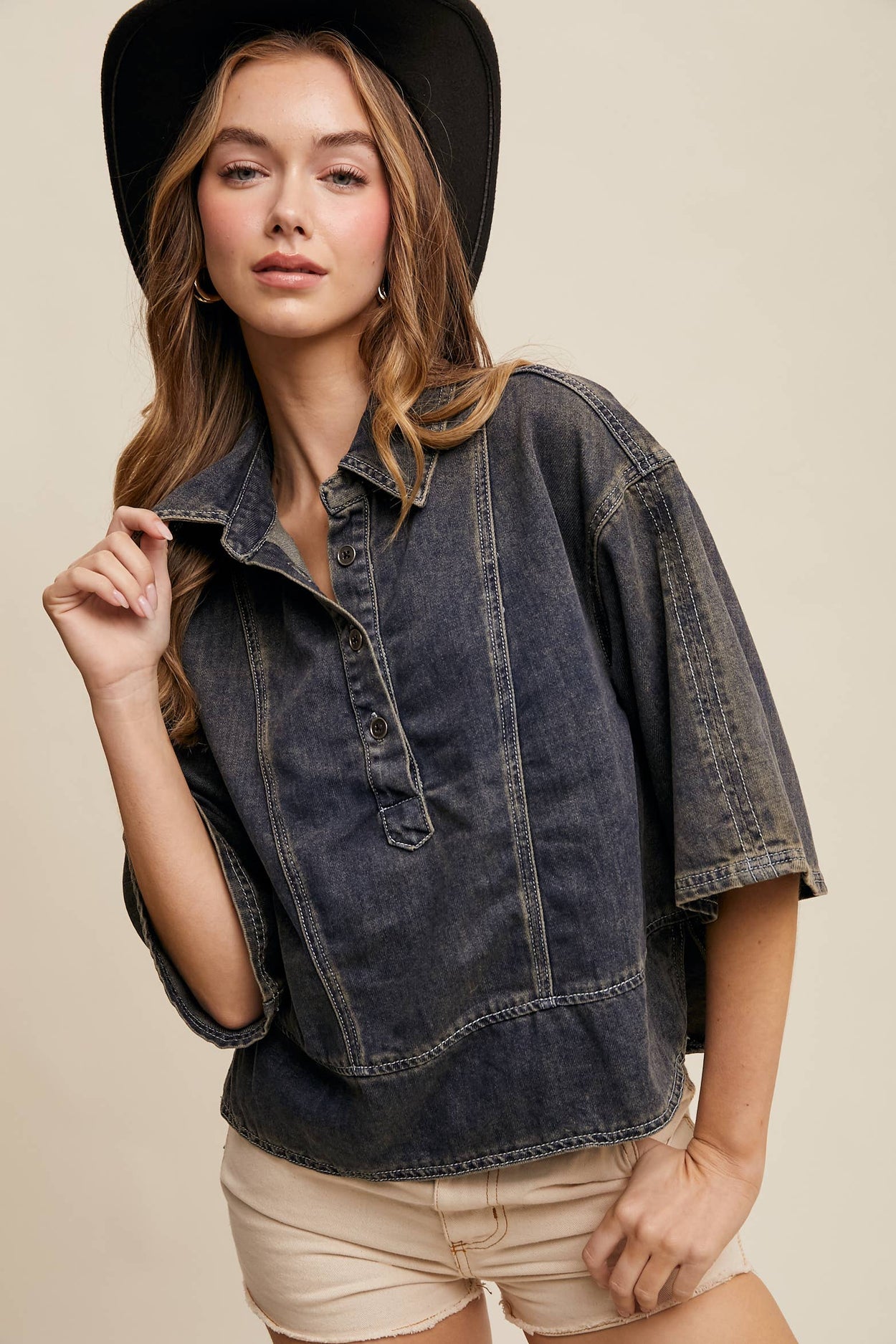 Denim Collared Oversized Top