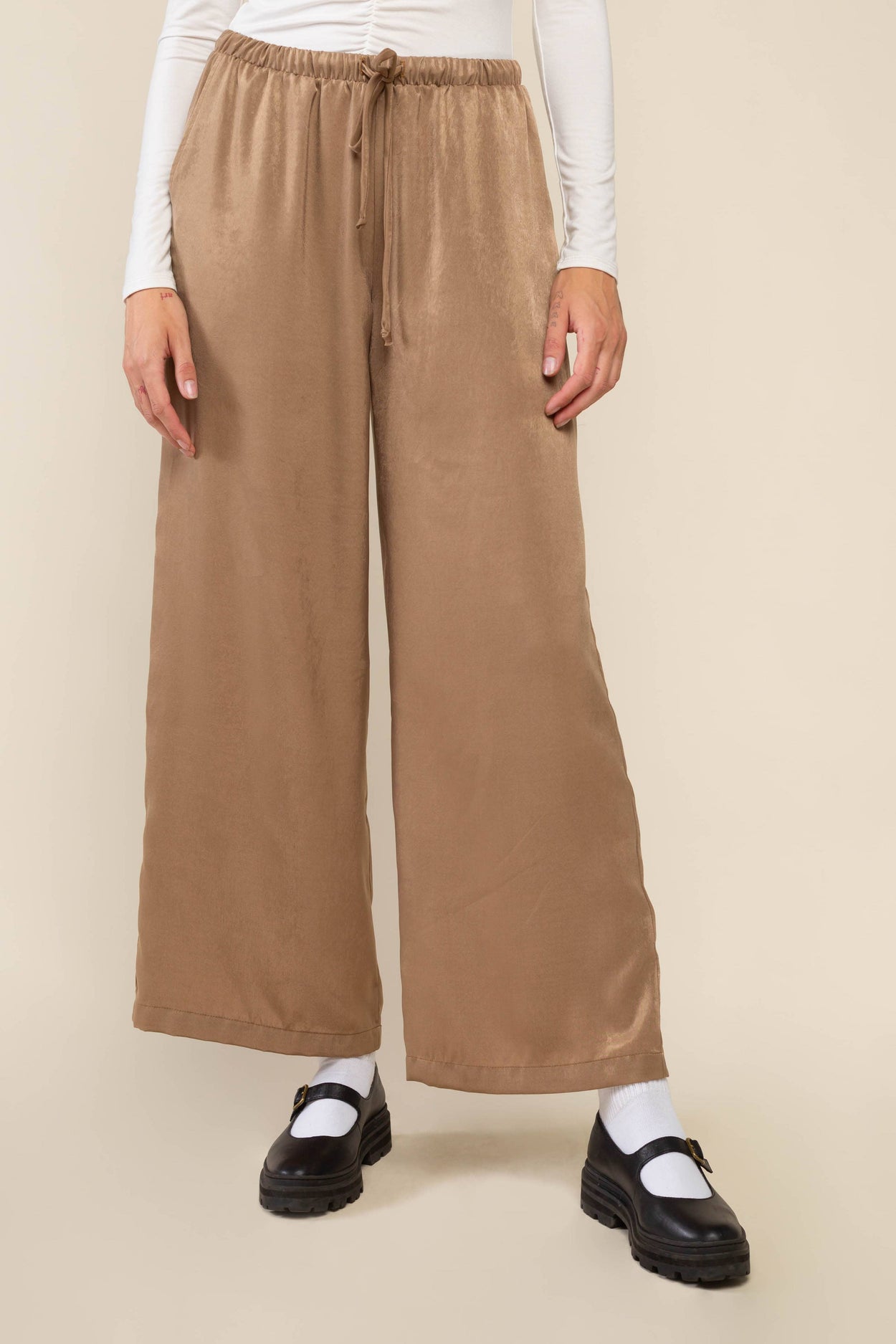 Plus Tan Satin Wide Leg Pant