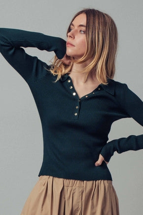 Green Classic Fitted Ribbed Knit Polo Sweater