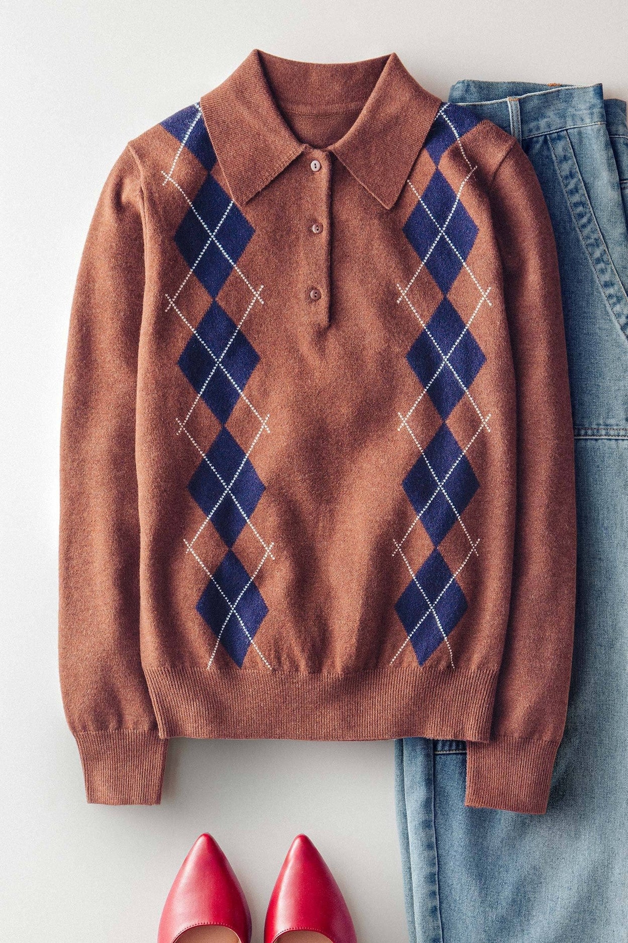 Brown Classic Argyle Knit Polo Sweater