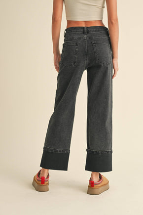 Black Straight Leg Cuffed Jeans