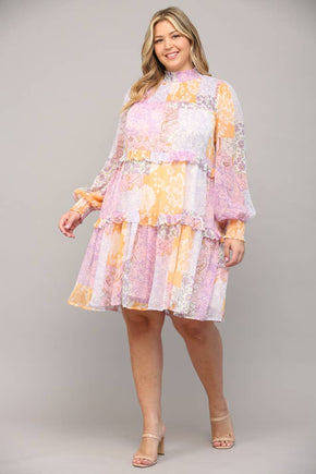 Plus Patchwork Chiffon Mock Neck Dress