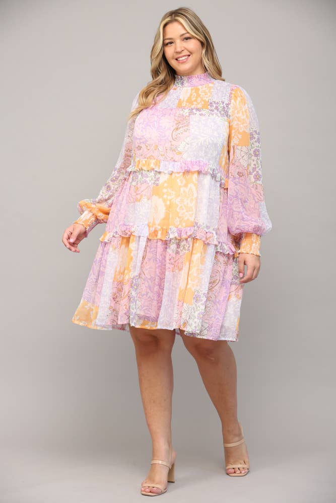 Plus Patchwork Chiffon Mock Neck Dress