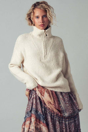 Ivory Textured Quarter-Zip Fold Collar Sweater