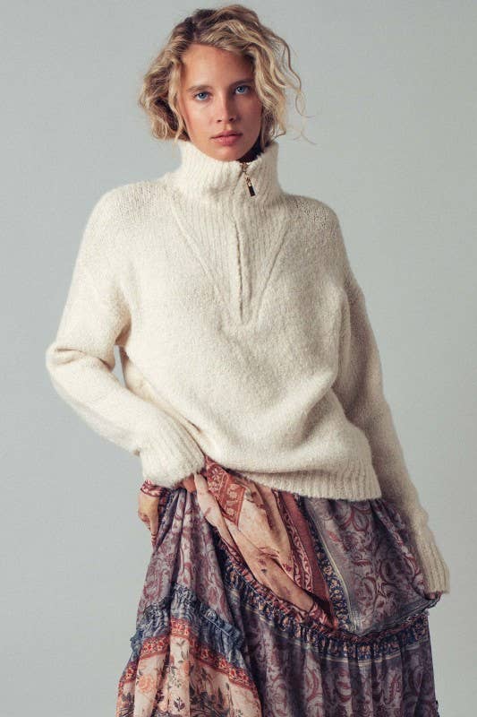 Ivory Textured Quarter-Zip Fold Collar Sweater