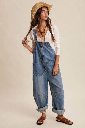 Western Wide-Leg Denim Overalls