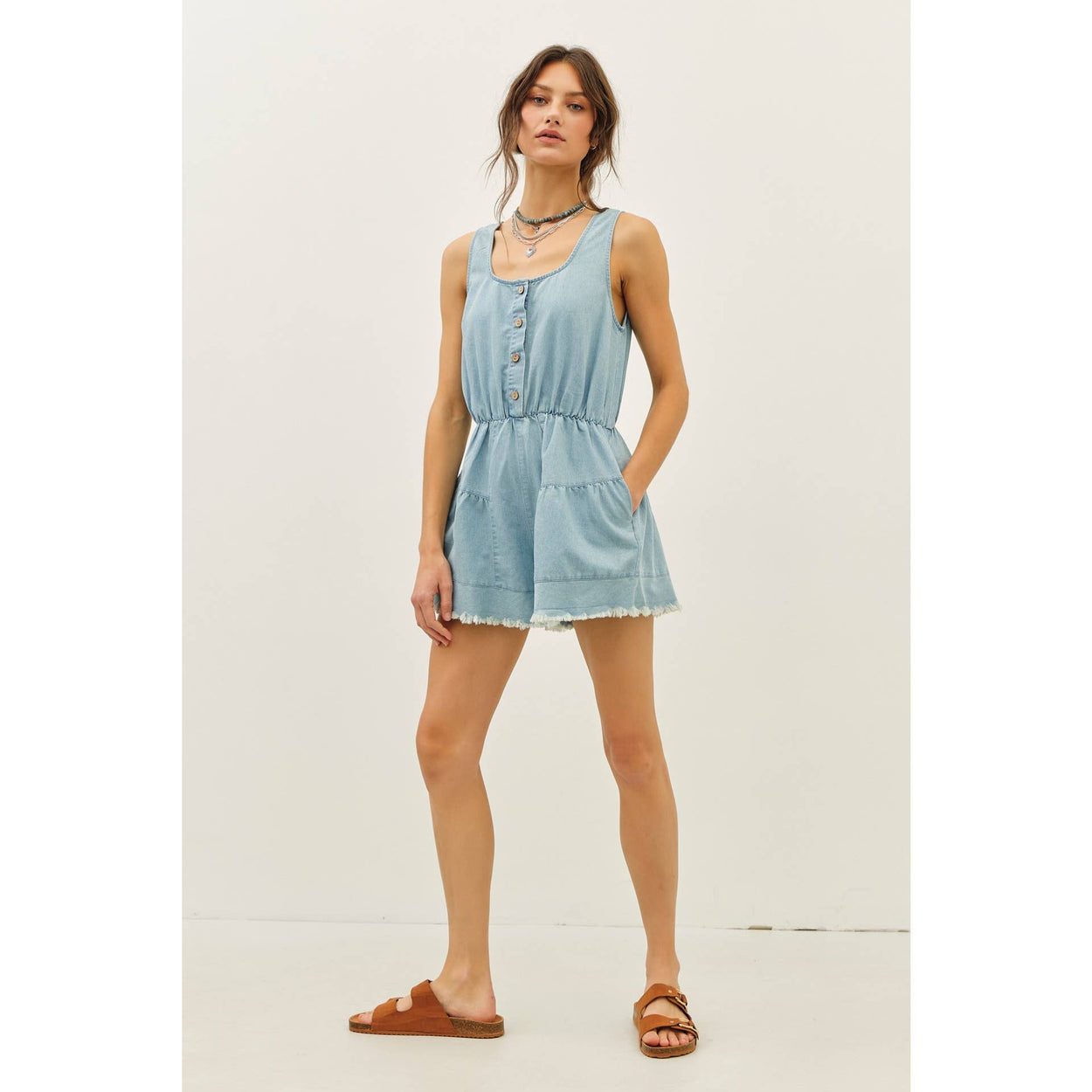 Denim Romper With Distressed Detailing