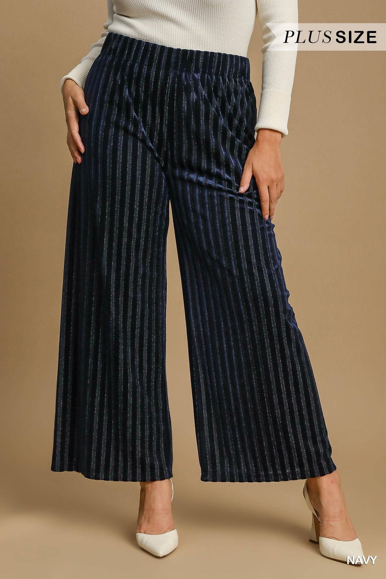 Plus Navy Metallic Velvet Wide Leg Stripe Pants