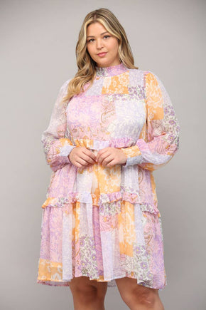 Plus Patchwork Chiffon Mock Neck Dress