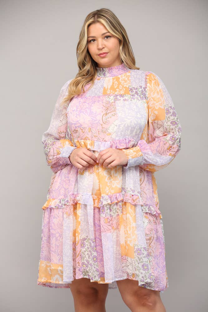 Plus Patchwork Chiffon Mock Neck Dress