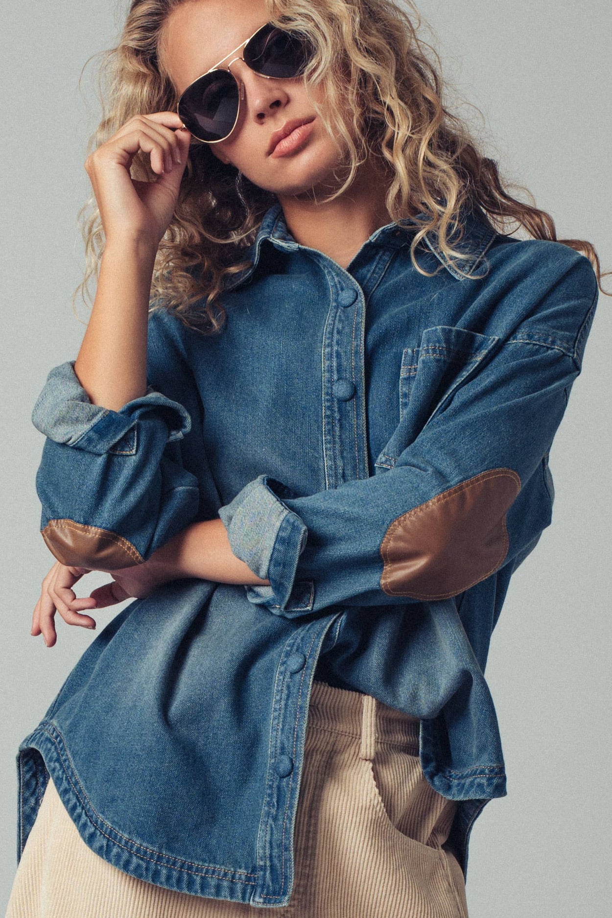 Elbow Patch Denim Button-Up Shirt