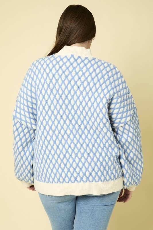 Plus White & Blue Mock Neck Sweater