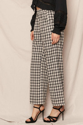 Ivory & Black Plaid Wide Leg Pants with Back Elastic