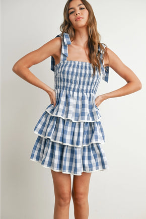 Blue Tie Strap Tiered Dress