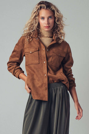 Camel Faux Suede Button-Up Shacket
